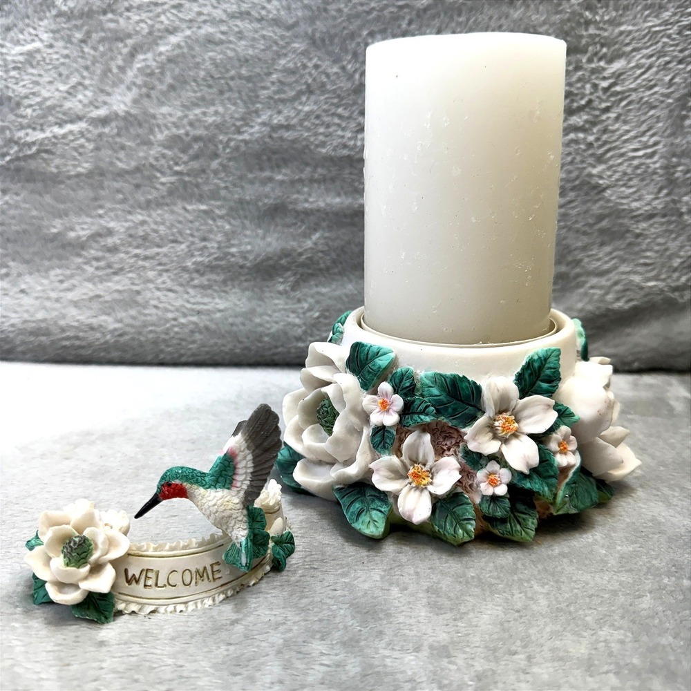 Hummingbird Floral Pillar Candle Holder Set Welcome Spring Decor Cottagecore VTG - Picture 2 of 9